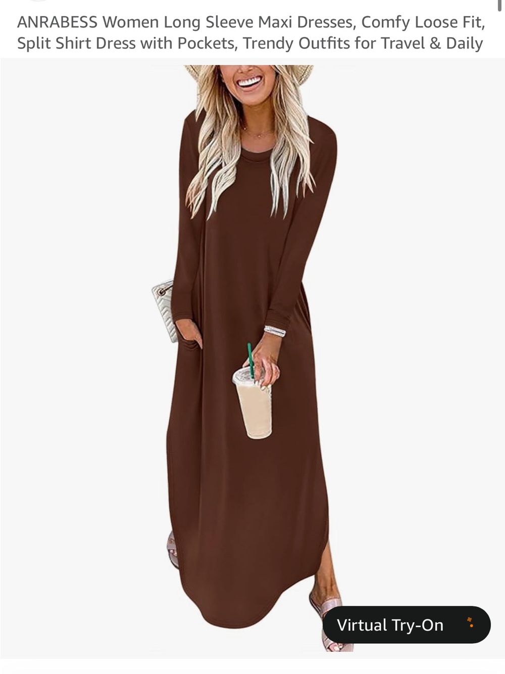 Amazon Brown Long Sleeve Maxi Dress with Side Pockets